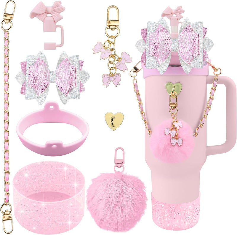 SEMATA Bling Accessories for Stanley Cup 40oz & 30oz Tumbler Including Silicone Cute Bow Straw Topper Cover, Silicone Boot for Stanley Cup,Leather Water Bottle Handle Strap, Charms(Cherry Blossom) - Image 1